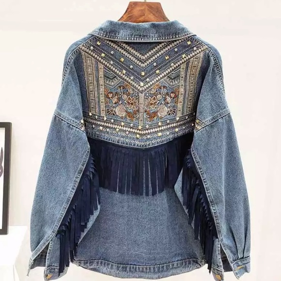 SOLD OUT Oversized Denim Stud Fringe Embroidered Jacket - Picture 2 of 6
